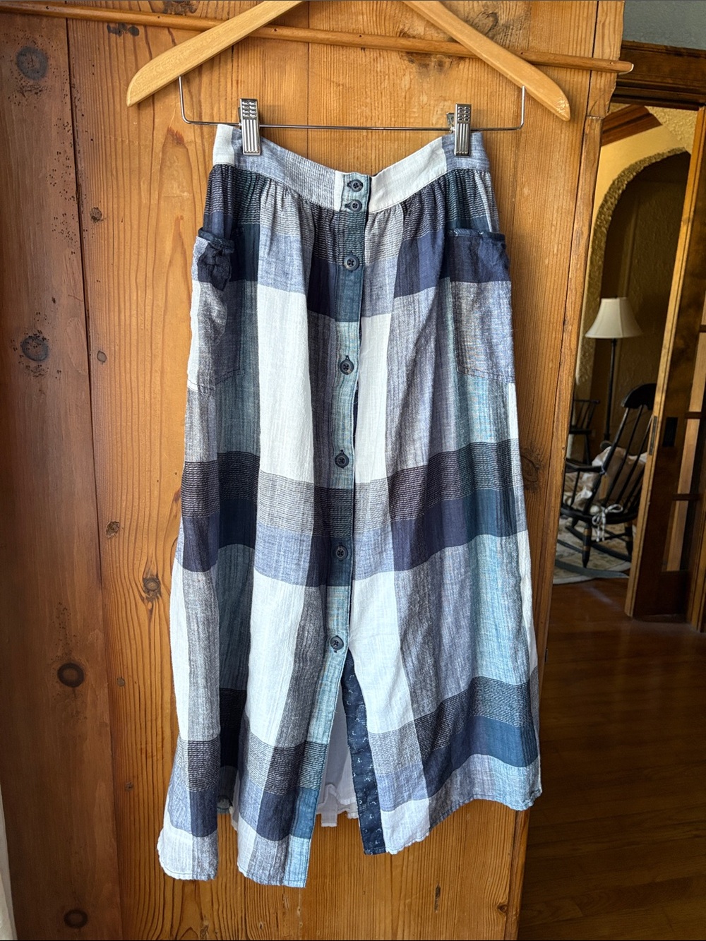 100% cotton alter’d Button-Front Plaid Midi Skirt in Blue and Gray